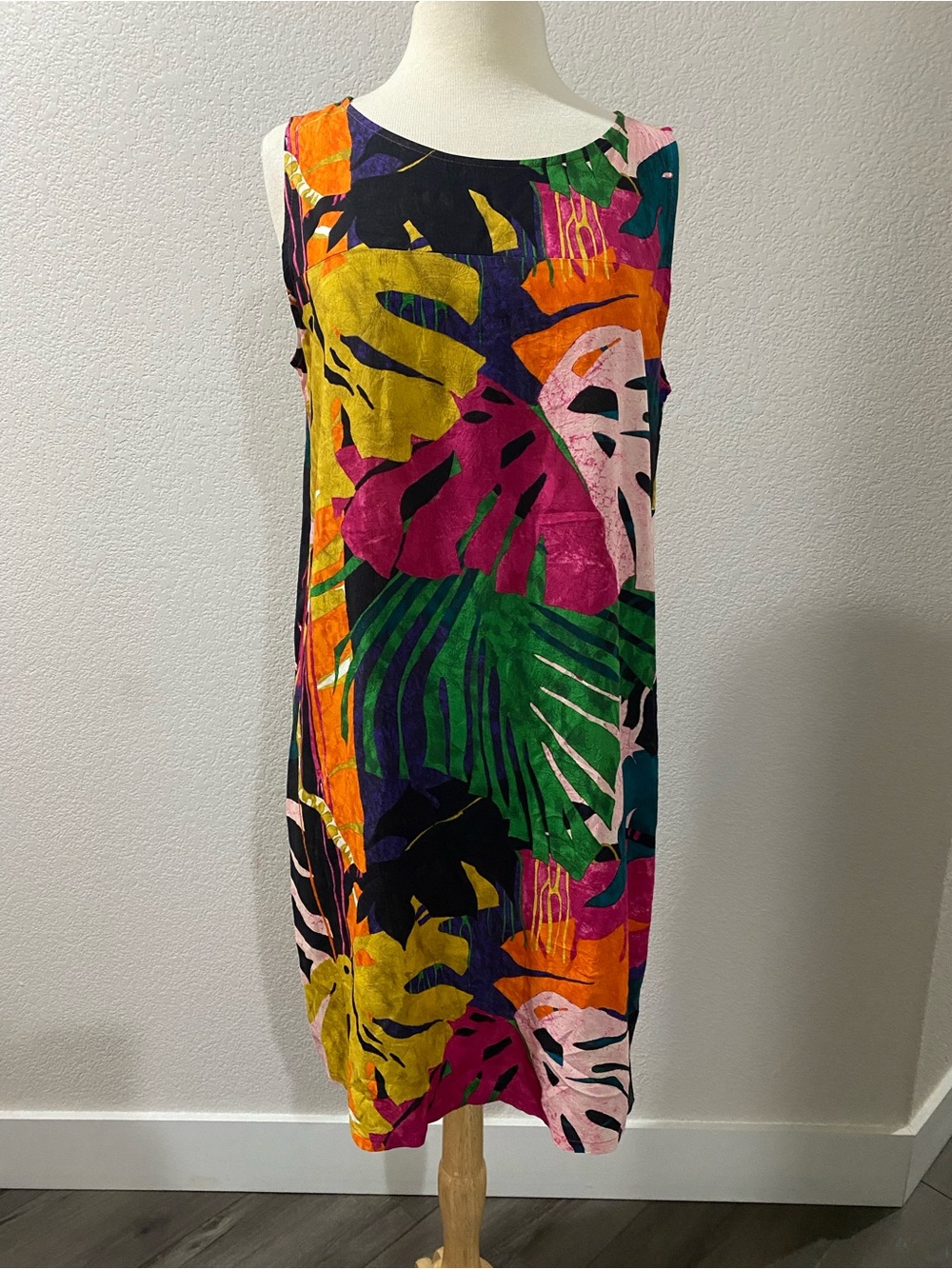Vintage Jams World Tropical Leaf Print Sleeveless Shift Dress Multicolor Large